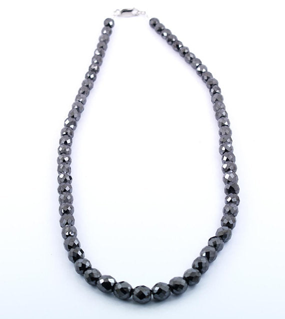 Certified 8 mm Round Faceted Black Diamond Beads Necklace-Great Sparkle! 18