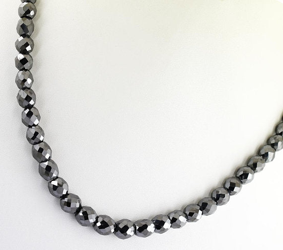 Certified 8 mm Round Faceted Black Diamond Beads Necklace-Great Sparkle! 18
