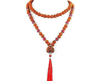 108 Beads, Panch Mukhi Rudraksha With Ruby Gemstone Beads - ZeeDiamonds