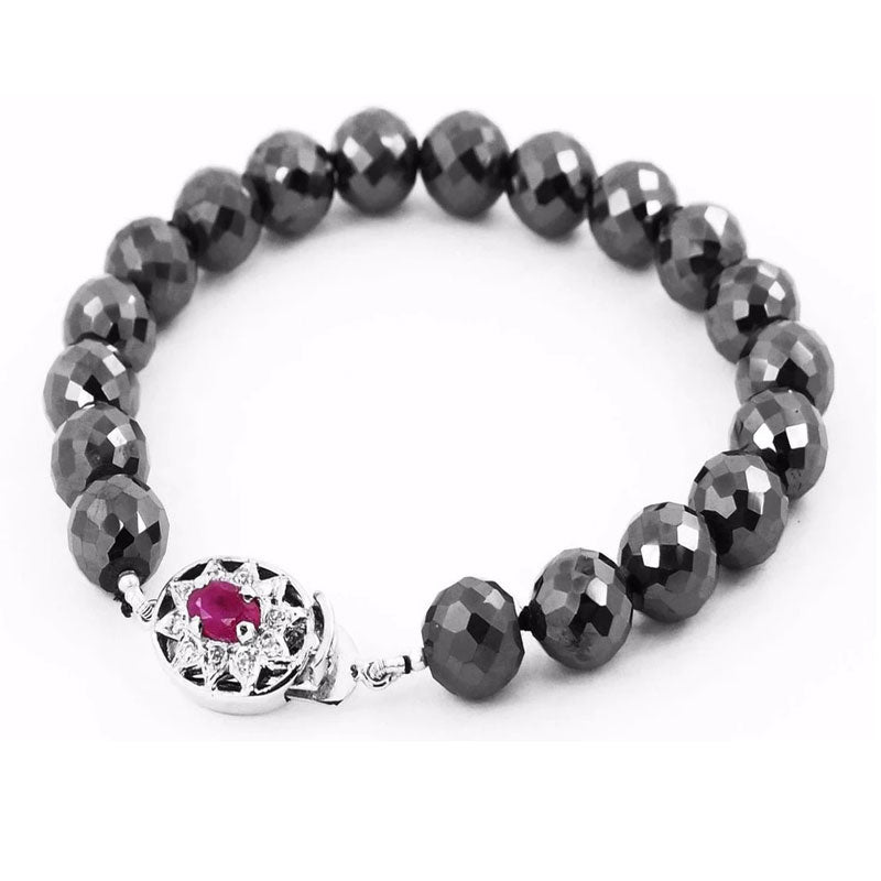 9 mm Black Diamond Beads Bracelet with Ruby Gemstone Silver Clasp - ZeeDiamonds