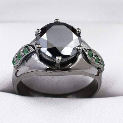 2.5 Ct Round Black Diamond Solitaire Ring with Emerald Accents - ZeeDiamonds