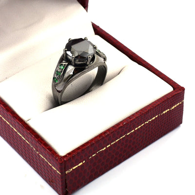 2.5 Ct Round Black Diamond Solitaire Ring with Emerald Accents - ZeeDiamonds