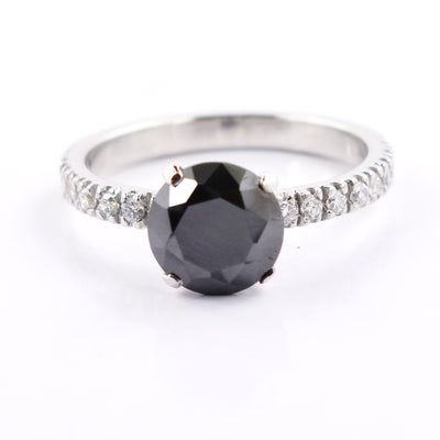 2.35 Ct Jet Black Diamond Solitaire Fancy Ring With White Diamond Accents - ZeeDiamonds