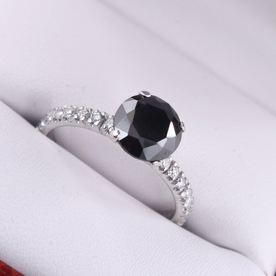 2.35 Ct Jet Black Diamond Solitaire Fancy Ring With White Diamond Accents - ZeeDiamonds