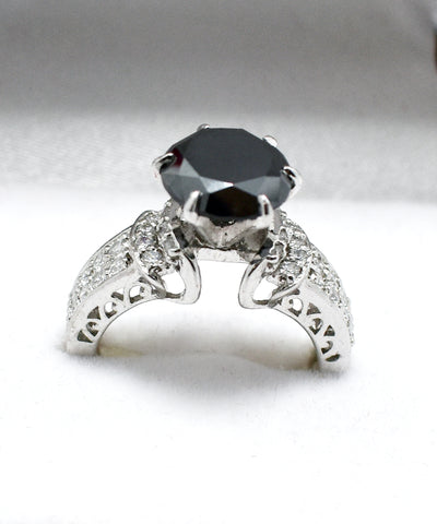 2 Ct Certified Gorgeous Black Diamond Ring With Diamond Accents, Great Sparkle - ZeeDiamonds