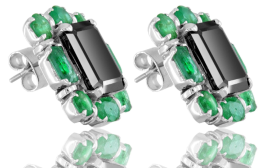 2 Cts Black Diamond with Emerald Accents Designer Earring In Sterling Silver - ZeeDiamonds