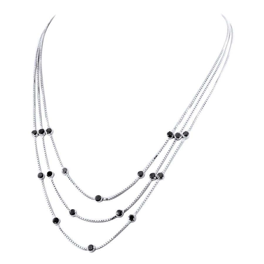 Three Row Black Diamond Chain Necklace in Sterling Silver - ZeeDiamonds