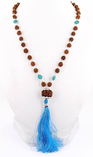 108 Beads Rudraksha & Turquoise Gemstone Connector Necklace - ZeeDiamonds