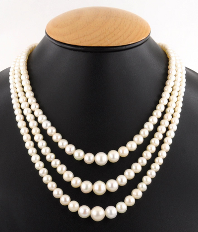 5 - 8 mm 3 Row Pearls (Moti) Necklace with Gemstone Clasp With Ruby - ZeeDiamonds
