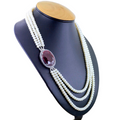 5 mm Pearl Moti Gemstone with Ruby Brooch & White Zircons Three Row Necklace - ZeeDiamonds