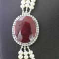 5 mm Pearl Moti Gemstone with Ruby Brooch & White Zircons Three Row Necklace - ZeeDiamonds