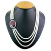 5 mm Pearl Moti Gemstone with Ruby Brooch & White Zircons Three Row Necklace - ZeeDiamonds