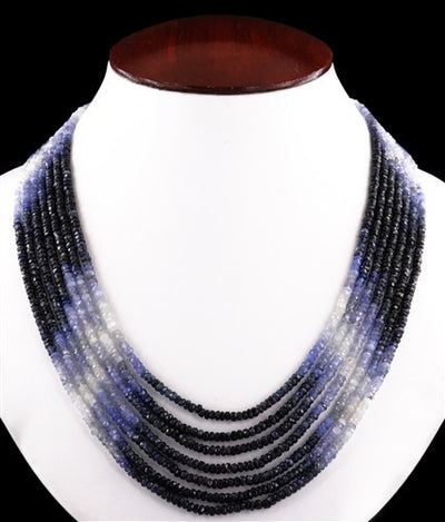 Seven Strand Certified Blue Sapphire Faceted Beaded Necklace - ZeeDiamonds