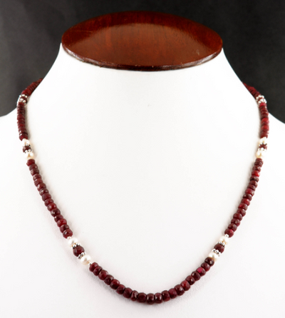 3-4 mm Faceted African Ruby Gemstone Necklace With Pearls - ZeeDiamonds