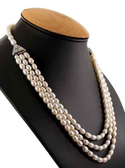 6 - 4 mm Pearl Gemstone Beads, Silver (Goli) Three Row Fancy Necklace - ZeeDiamonds
