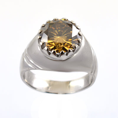 RARE 5.95 Ct Champagne Diamond Heavy Men's Ring in 925 Silver with White Finish, Prong Design & Luster, Ideal For Gift - ZeeDiamonds