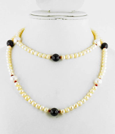 5 mm Round Cabochon Pearl Gemstone Beads Necklace With Blue Sapphire Beads - ZeeDiamonds
