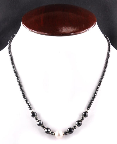 2mm - 5mm Certified Black Diamond Necklace With Pearl Bead - ZeeDiamonds