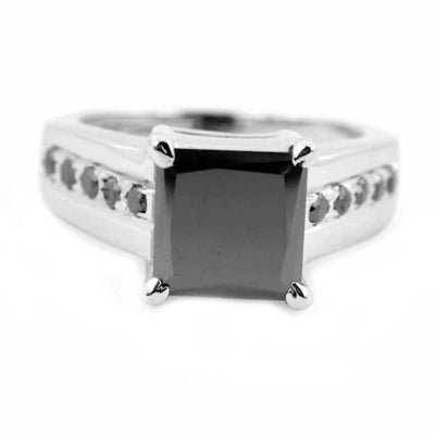 3.6 Ct, Asscher Shape Black Diamond Ring With Black Diamonds Accents - ZeeDiamonds