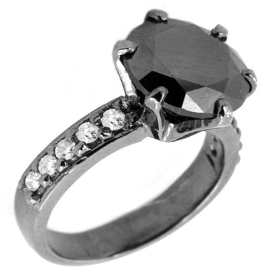 2 Ct Round Black Diamond Ring with White Diamond Accents - ZeeDiamonds