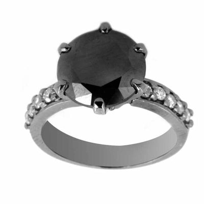 2 Ct Round Black Diamond Ring with White Diamond Accents - ZeeDiamonds