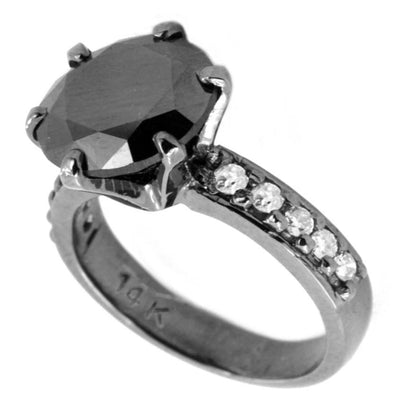 2 Ct Round Black Diamond Ring with White Diamond Accents - ZeeDiamonds