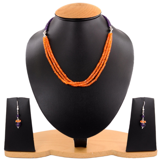 3 mm-4 mm Carnelian And Amethyst Gemstone Beads 3 Row Necklace - ZeeDiamonds