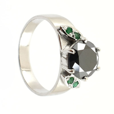 3 Carats Round Shape Black Diamond Ring With Emerald Accents - ZeeDiamonds