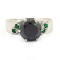 3 Carats Round Shape Black Diamond Ring With Emerald Accents - ZeeDiamonds