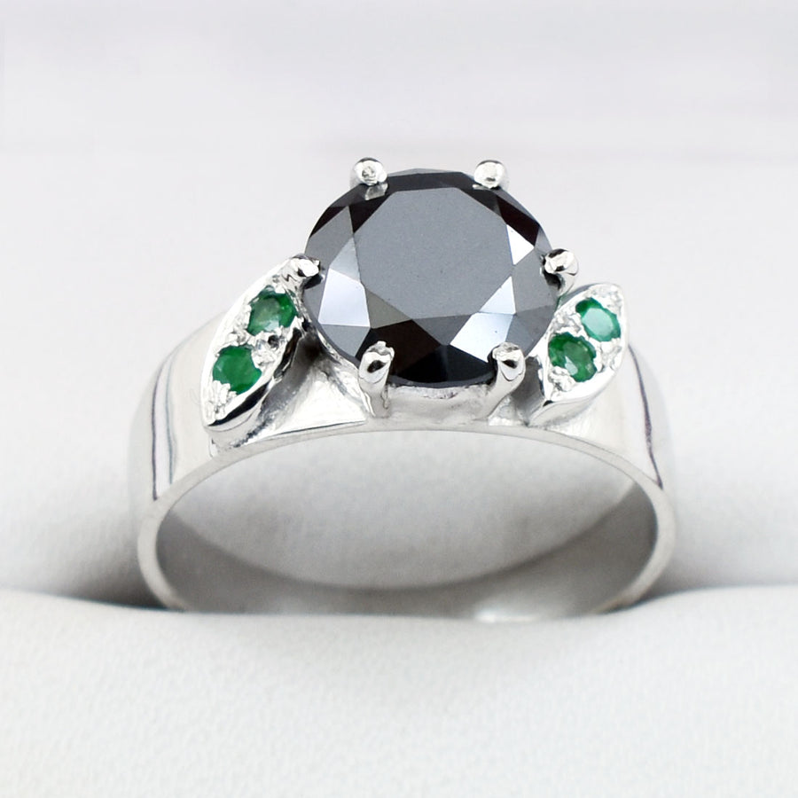 3 Carats Round Shape Black Diamond Ring With Emerald Accents - ZeeDiamonds
