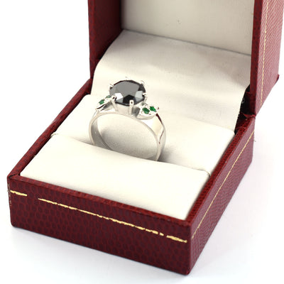 3 Carats Round Shape Black Diamond Ring With Emerald Accents - ZeeDiamonds