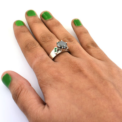 3 Carats Round Shape Black Diamond Ring With Emerald Accents - ZeeDiamonds