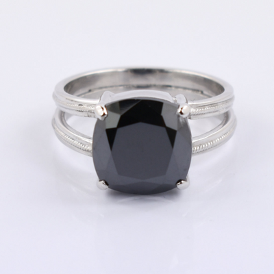 3.75 Cts Cushion Cut Black Diamond Solitaire Ring In Sterling Silver - ZeeDiamonds