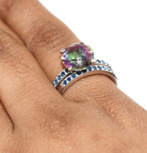 Mystic Topaz Twin Wedding Ring with Blue Sapphire Accents - ZeeDiamonds