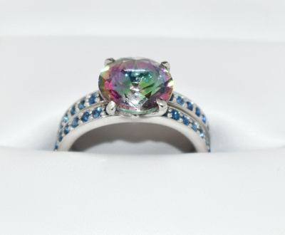 Mystic Topaz Twin Wedding Ring with Blue Sapphire Accents - ZeeDiamonds