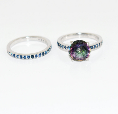 Mystic Topaz Twin Wedding Ring with Blue Sapphire Accents - ZeeDiamonds