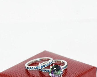 Mystic Topaz Twin Wedding Ring with Blue Sapphire Accents - ZeeDiamonds