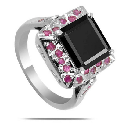 3 Ct Princess Cut Black Diamond Solitaire Ring With Madagascar Rubies Accent - ZeeDiamonds