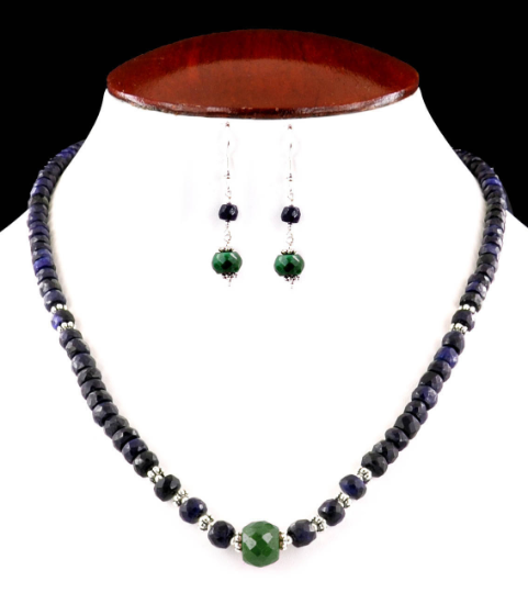 4 mm-5 mm Faceted Blue Sapphire Necklace With Emerald Bead - ZeeDiamonds