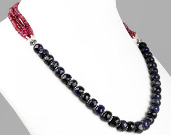 7-8 mm Faceted Blue Sapphire Gemstone Necklace With African Rubies - ZeeDiamonds