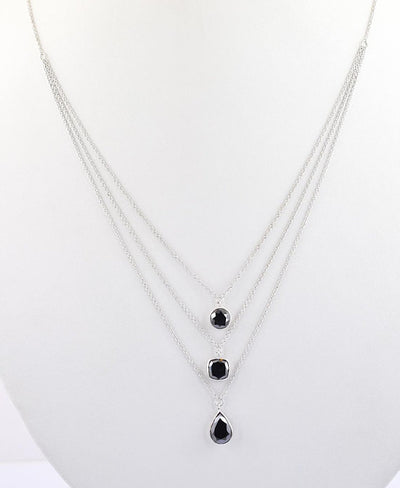 Round, Pear and Cushion Shape 3 Row Black Diamond Layered Necklace - ZeeDiamonds