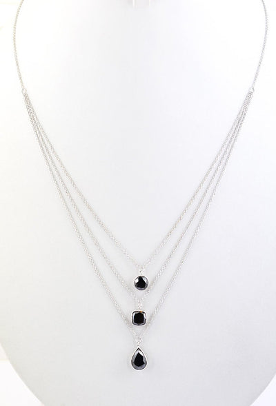 Round, Pear and Cushion Shape 3 Row Black Diamond Layered Necklace - ZeeDiamonds