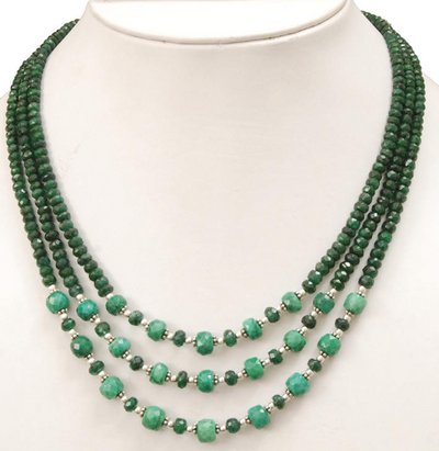 4-5 mm, Three Strand Faceted Emerald Gemstone Beaded Necklace In 925 Silver (Goli) - ZeeDiamonds