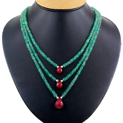 150 Cts 100% Certified Emerald Beads with Ruby Drops Three Row Necklace - ZeeDiamonds