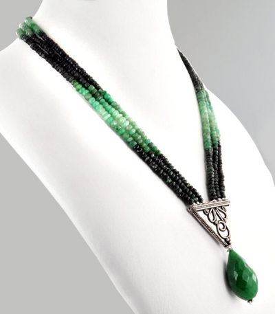 200 Ct 100% Certified Three Row & Emerald Beads Designer Necklace For Gift - ZeeDiamonds