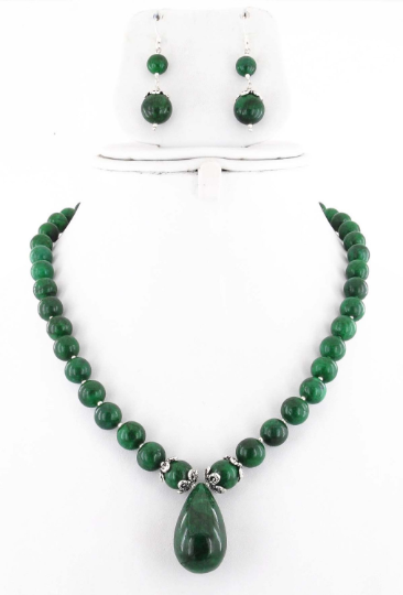 6-9 mm 100% Certified Emerald Cabochon Beads with Emerald Drop Necklace In Silver Clasp - ZeeDiamonds