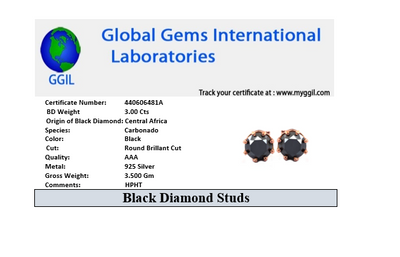 3 Ct AAA Certified Round Black Diamond Solitaire Studs in 8 Prong Settings - ZeeDiamonds