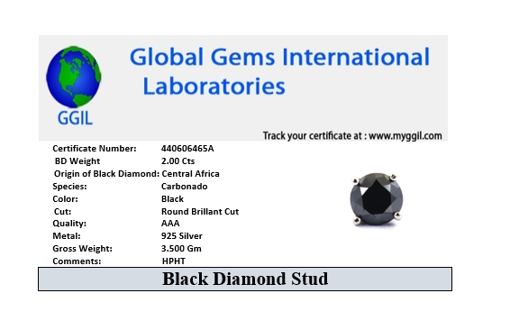 2 Ct AAA Certified Round Shape Black Diamond Single Stud in White Gold - ZeeDiamonds