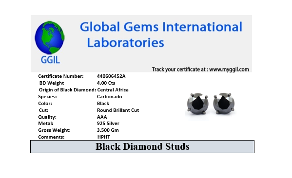 4 Ct AAA Certified Black Diamond Studs in 925 Silver, Great Luster - ZeeDiamonds