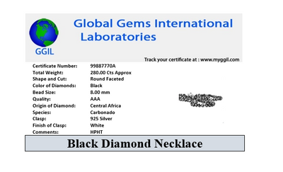 8 mm Black Diamond Beads Necklace With Black Diamond Solitaire Clasp in White Finish. AAA Certified! Great Shine & Elegant Look - ZeeDiamonds